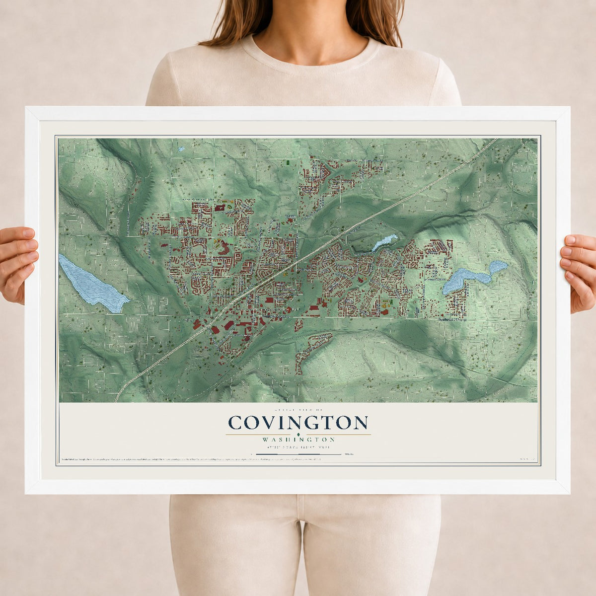 Map of Covington, Washington, 18 x 24 inch print in a white wood frame