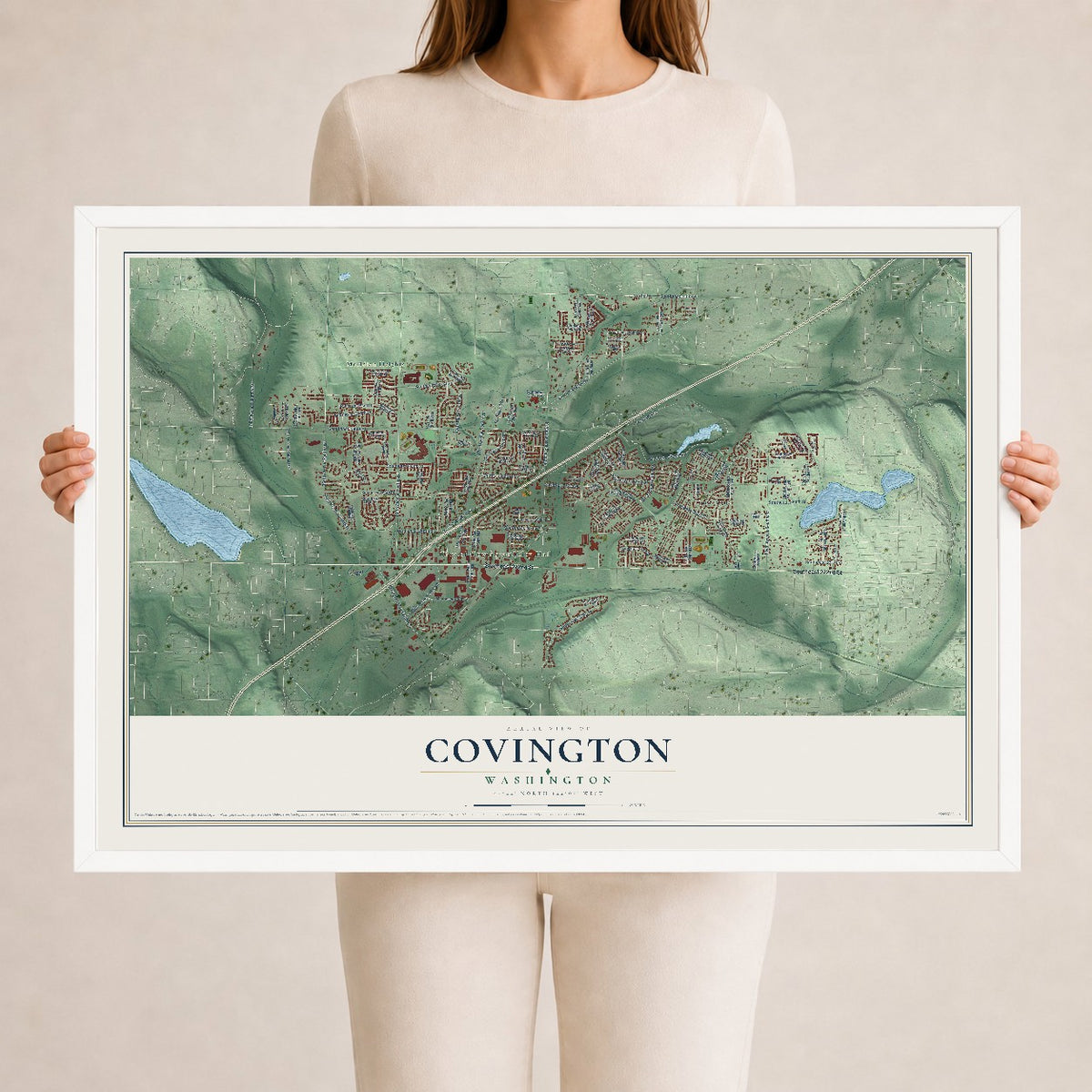 Map of Covington, Washington, 24 x 36 inch print in a white wood frame