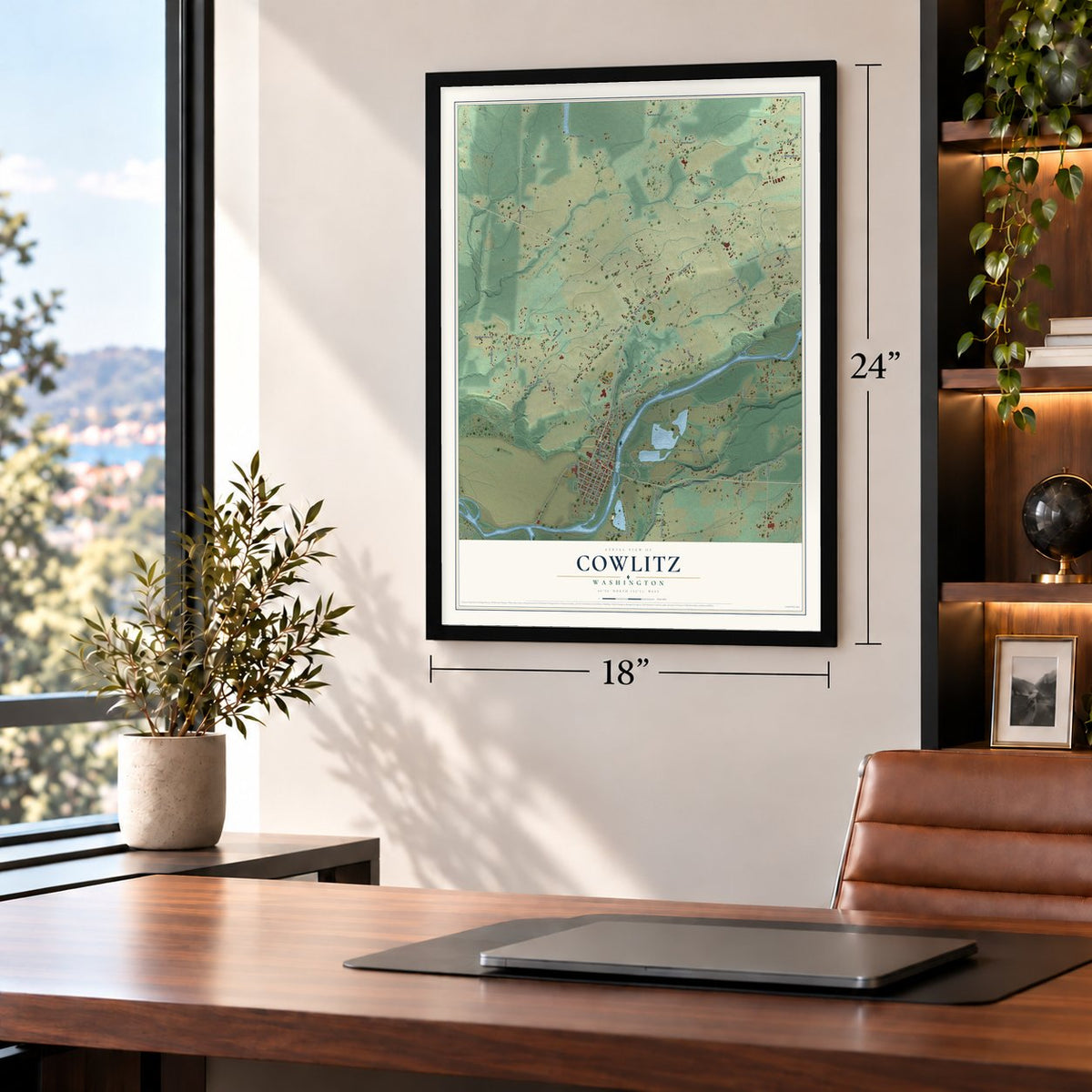 Cowlitz, Washington map, 18 x 24 inch print in a black frame in a home office