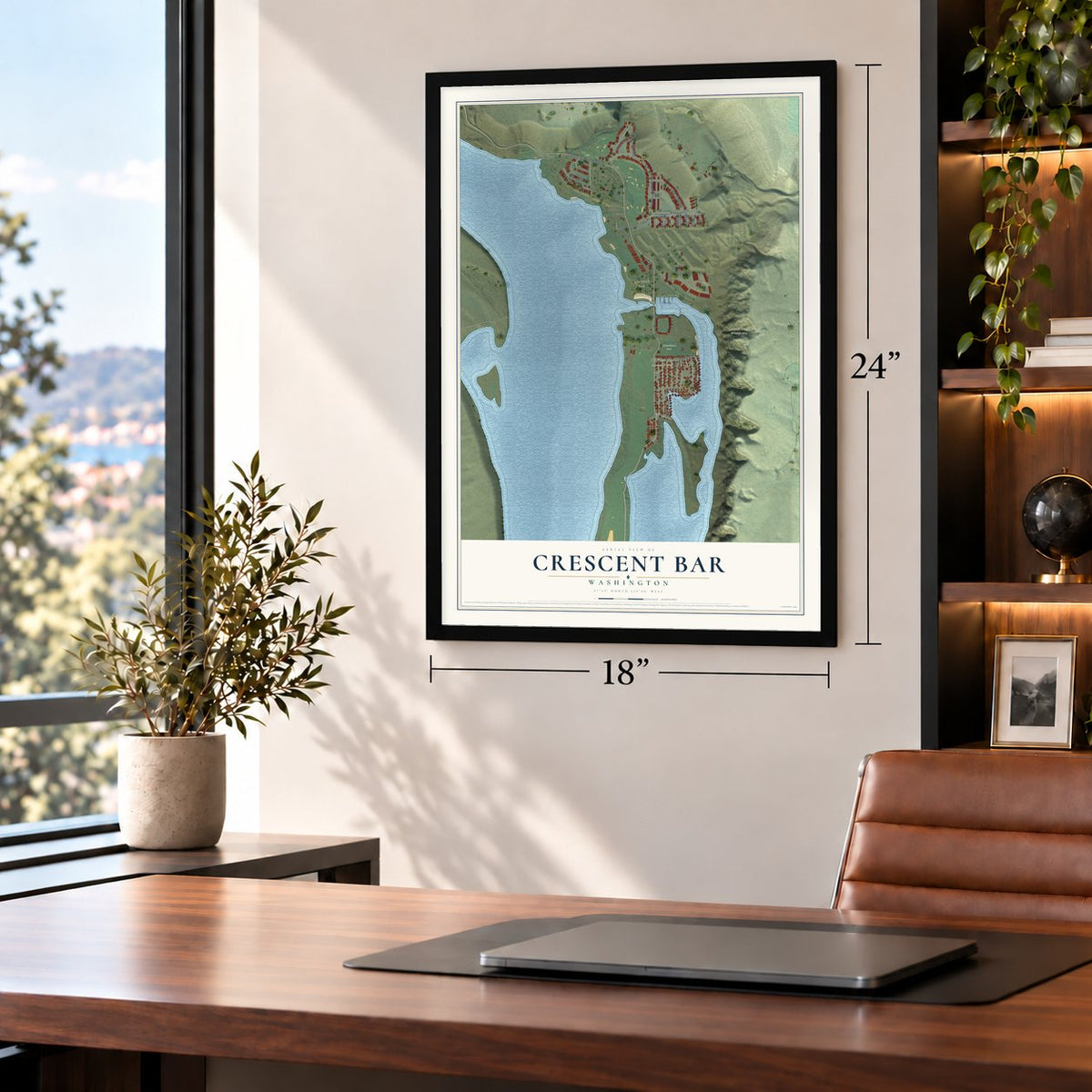 Crescent Bar, Washington map, 18 x 24 inch print in a black frame in a home office