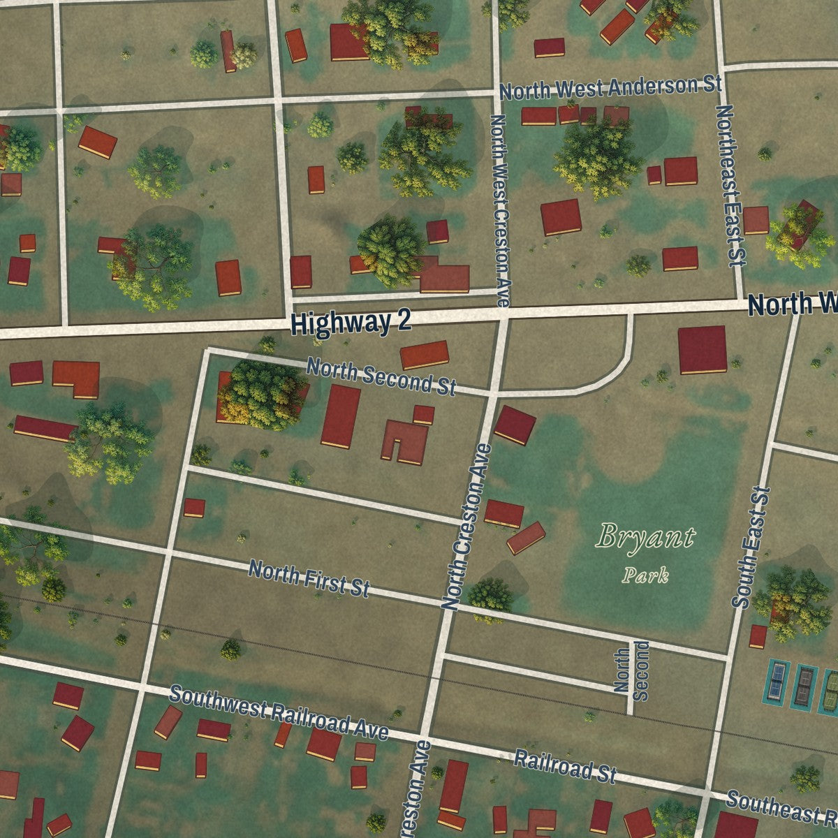 Close-up of the map of Creston, Washington print showing street and building detail