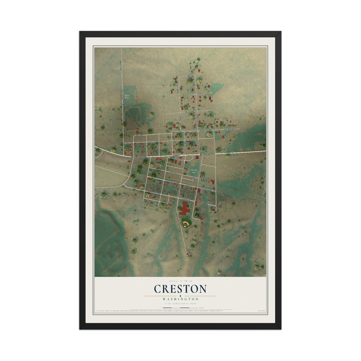 Map of Creston, Washington, 12 x 18 inch print in a black wood frame