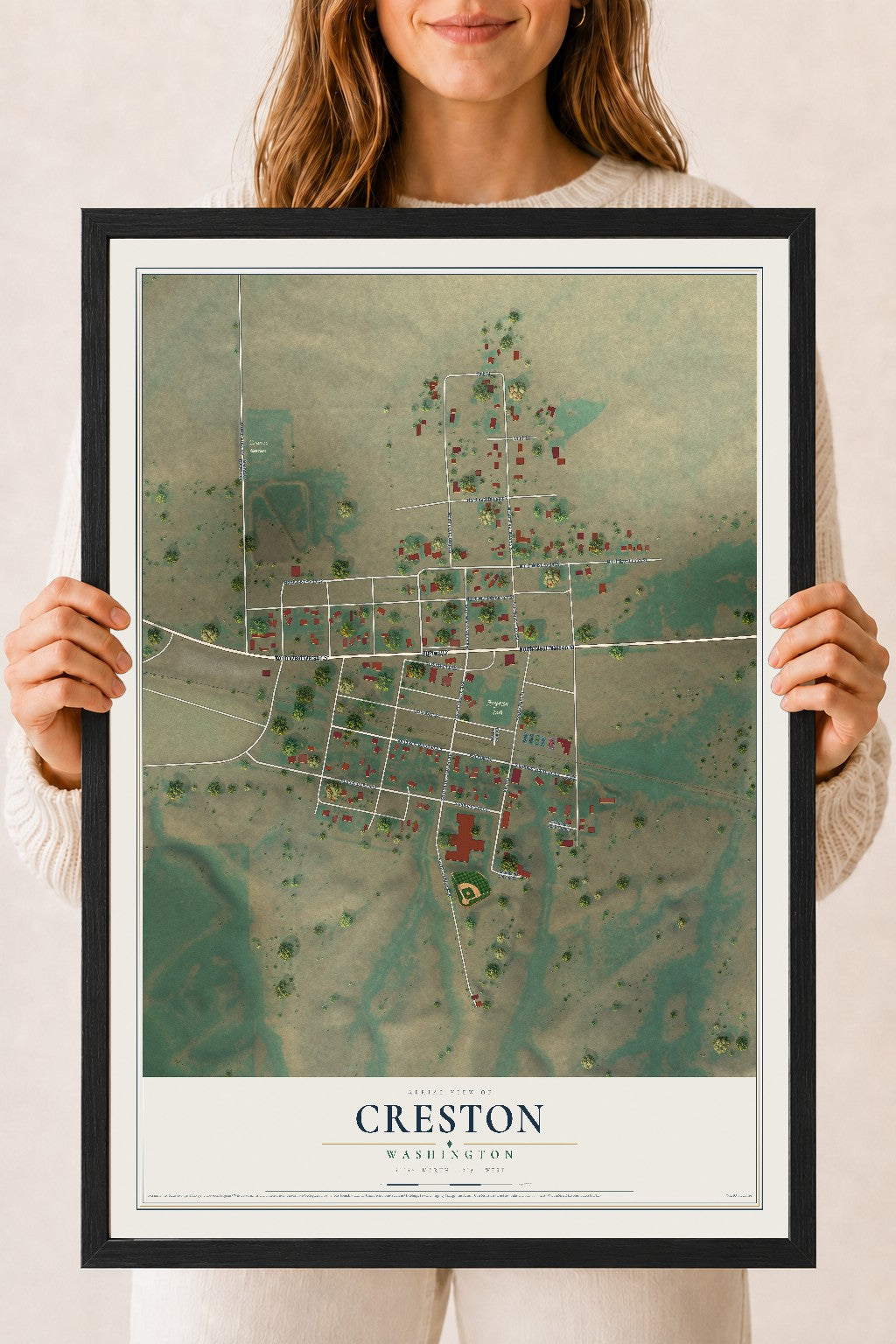 Map of Creston, Washington, 18 x 24 inch print in a black wood frame