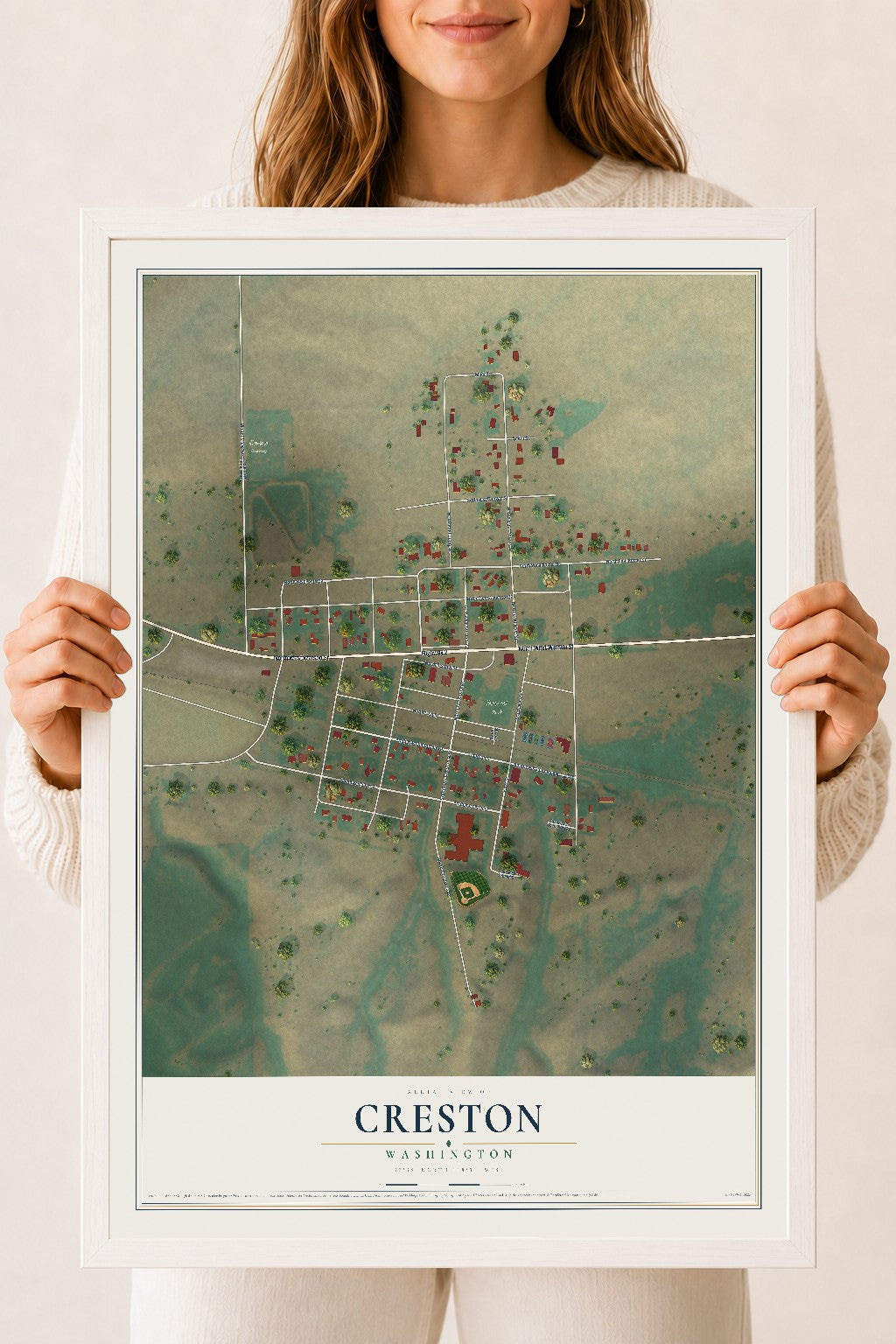 Map of Creston, Washington, 18 x 24 inch print in a white wood frame
