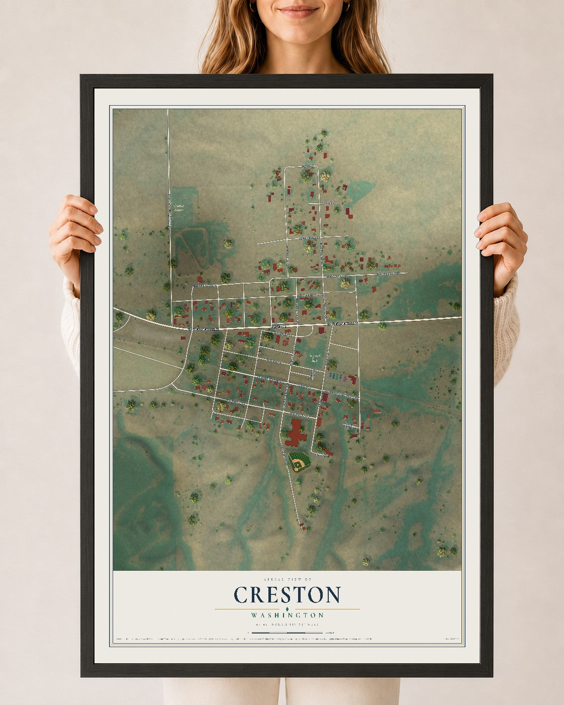 Map of Creston, Washington, 24 x 36 inch print in a black wood frame