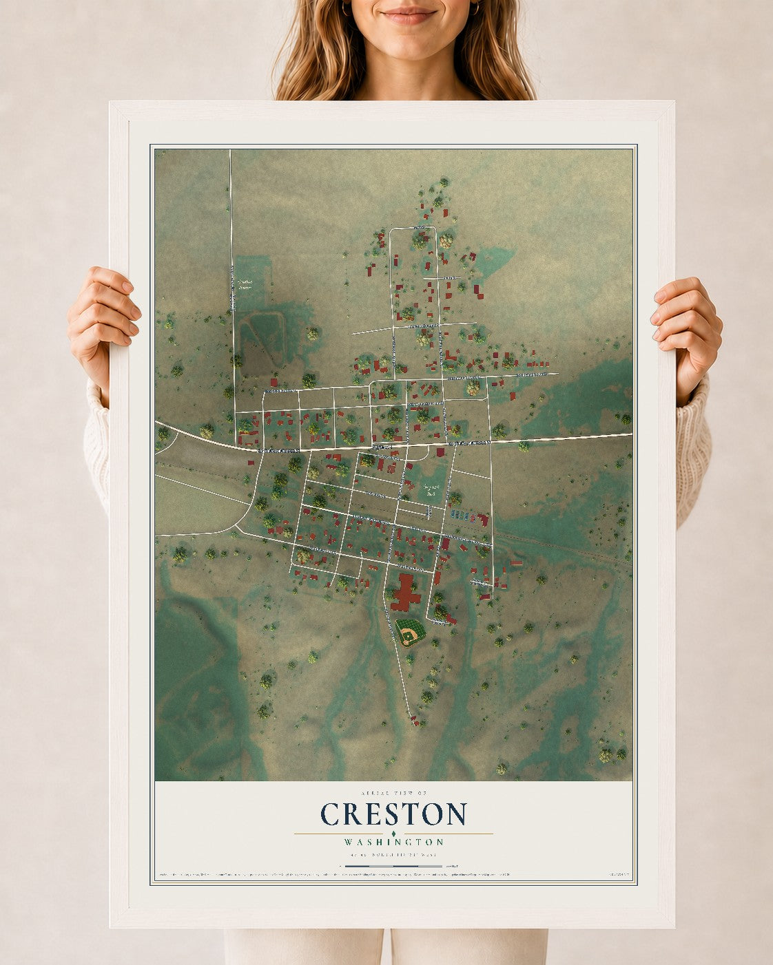 Map of Creston, Washington, 24 x 36 inch print in a white wood frame