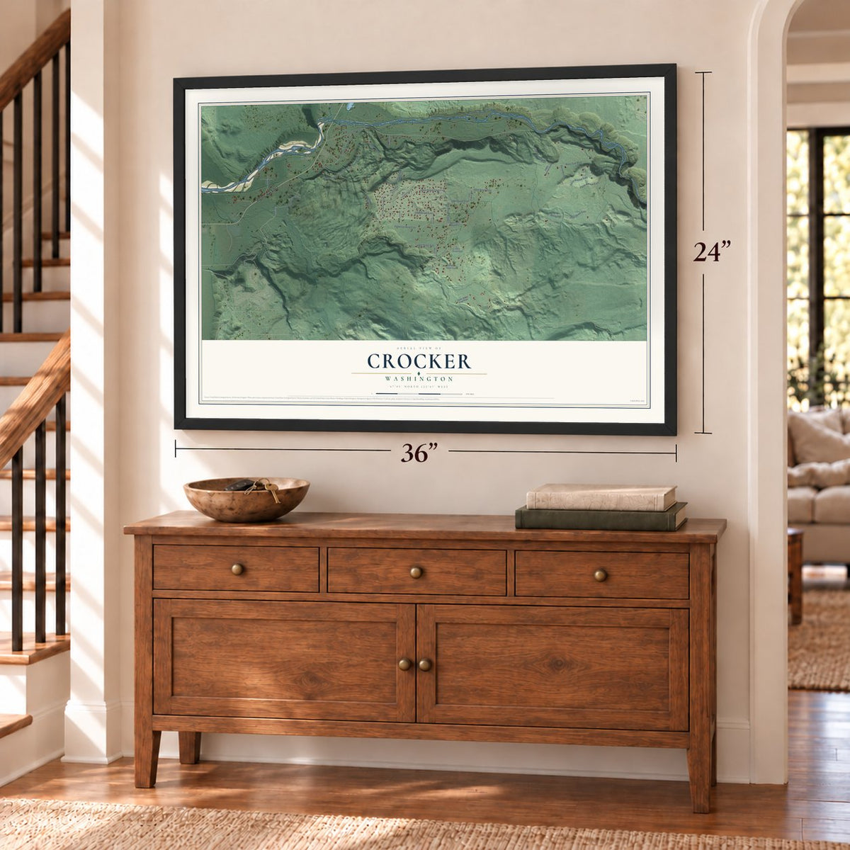Crocker, Washington map, 24 x 36 inch print in a black frame above a dresser by a staircase