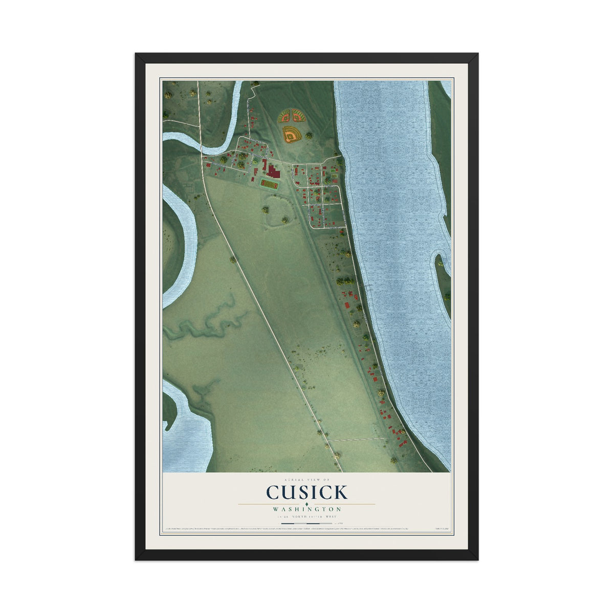 Map of Cusick, Washington, 12 x 18 inch print in a black wood frame