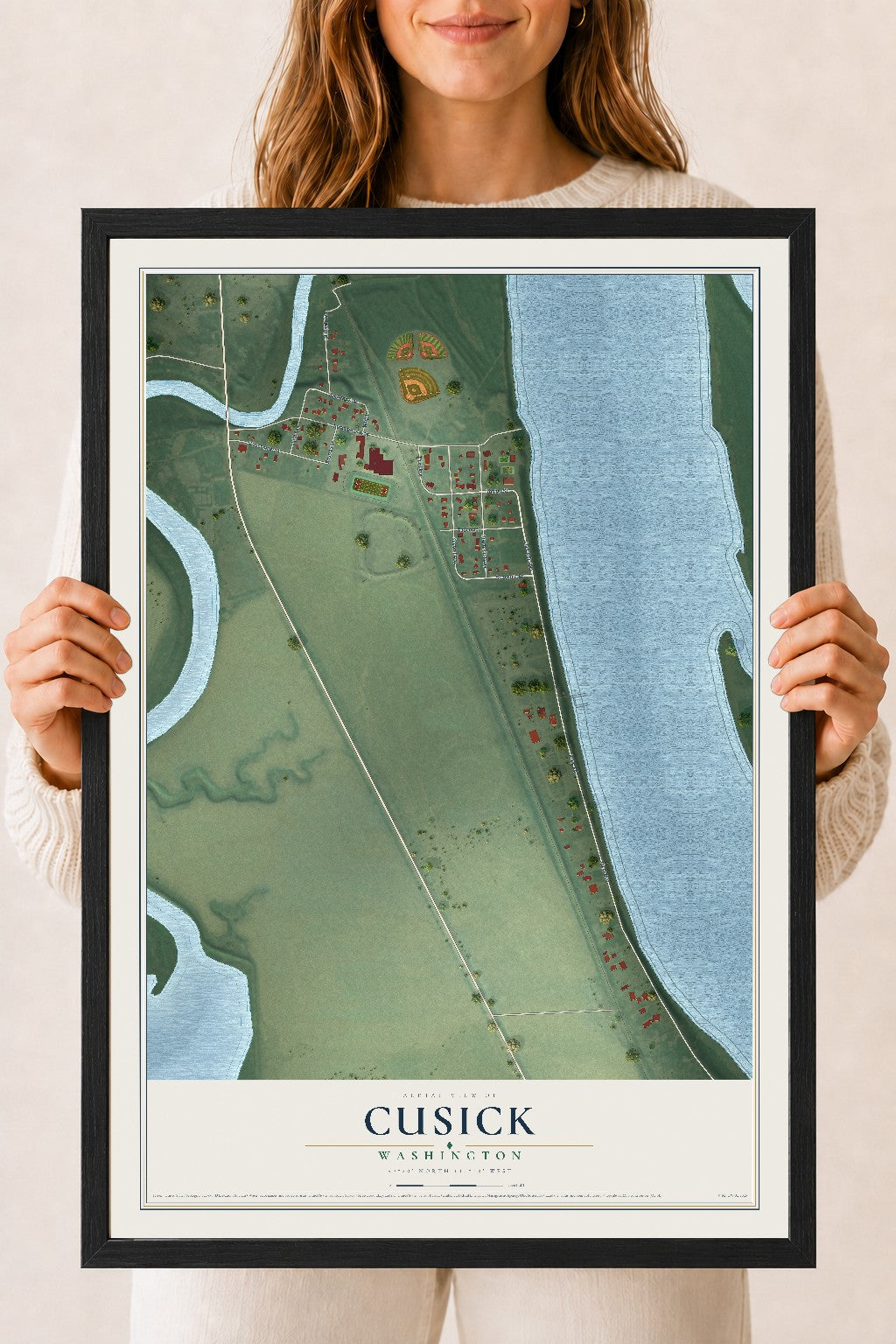 Map of Cusick, Washington, 18 x 24 inch print in a black wood frame