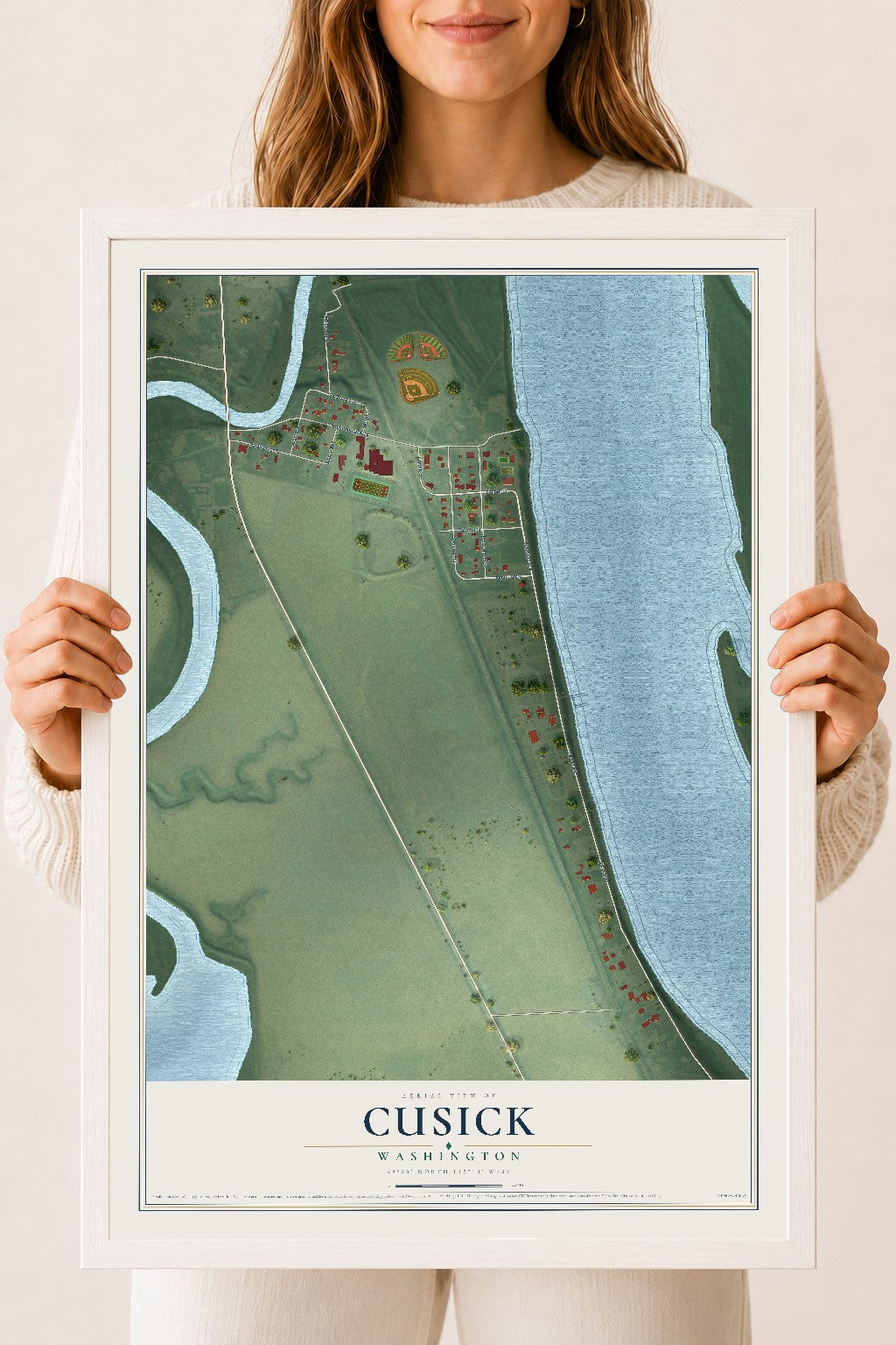 Map of Cusick, Washington, 18 x 24 inch print in a white wood frame