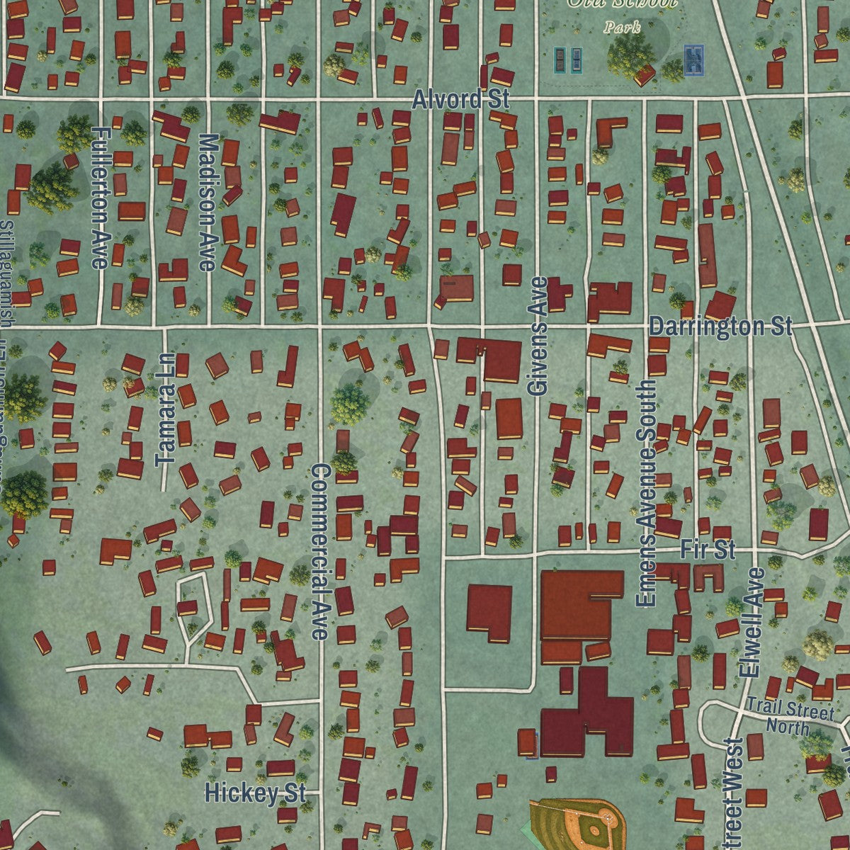 Close-up of the map of Darrington, Washington print showing street and building detail