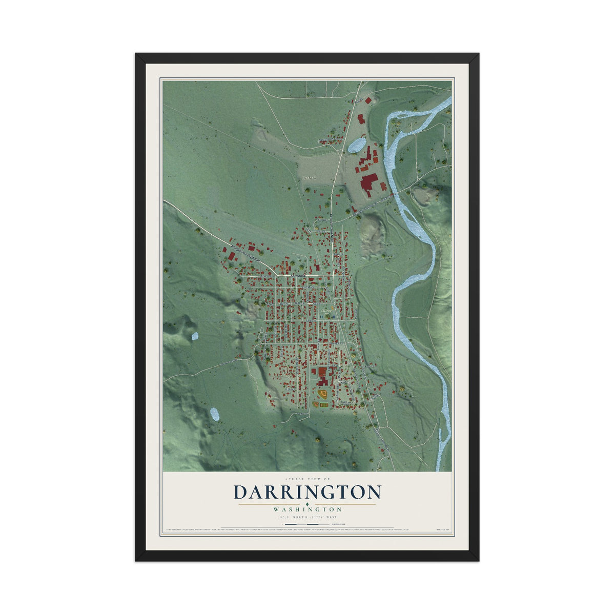 Map of Darrington, Washington, 12 x 18 inch print in a black wood frame