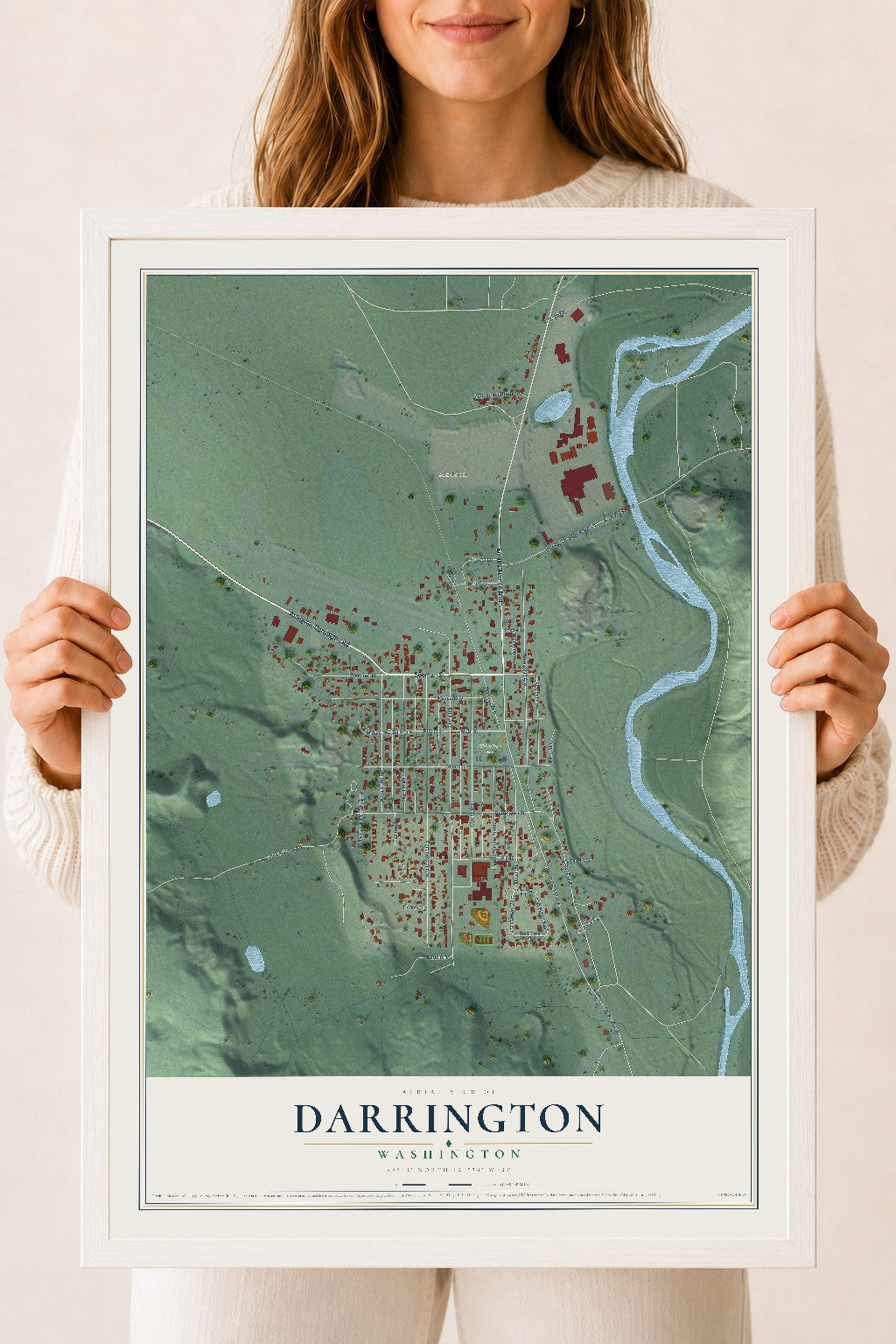 Map of Darrington, Washington, 18 x 24 inch print in a white wood frame