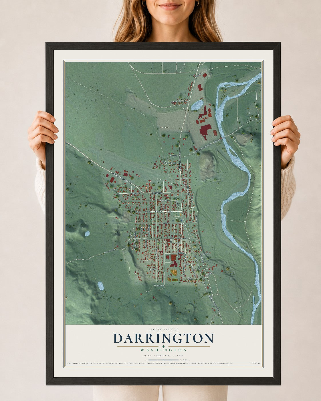 Map of Darrington, Washington, 24 x 36 inch print in a black wood frame