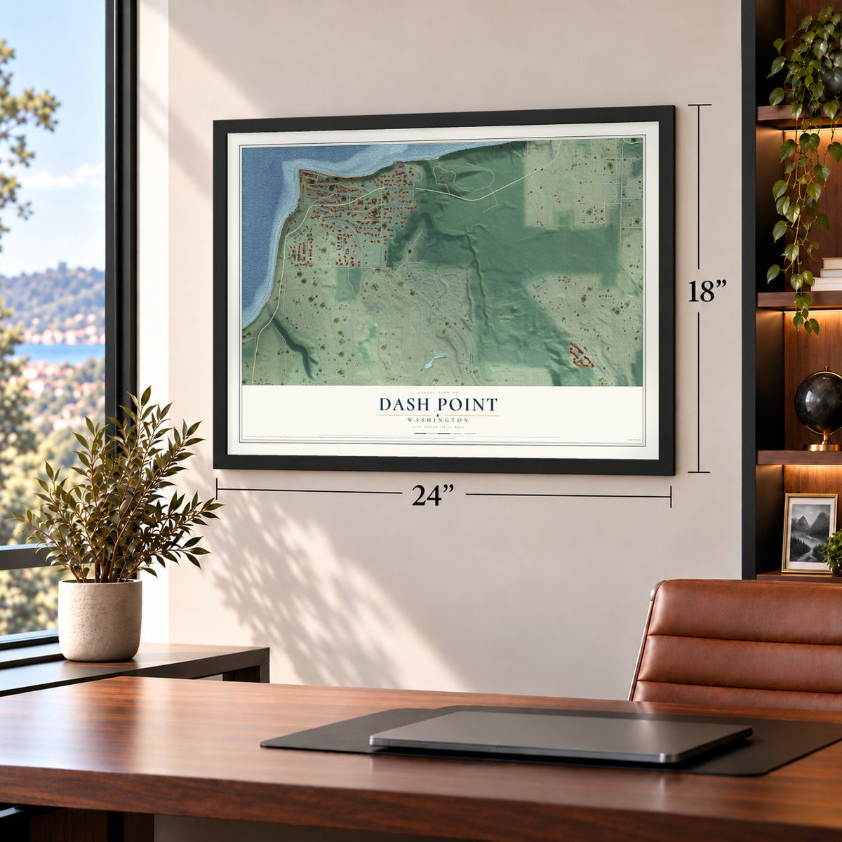 Dash Point, Washington map, 18 x 24 inch print in a black frame in a home office
