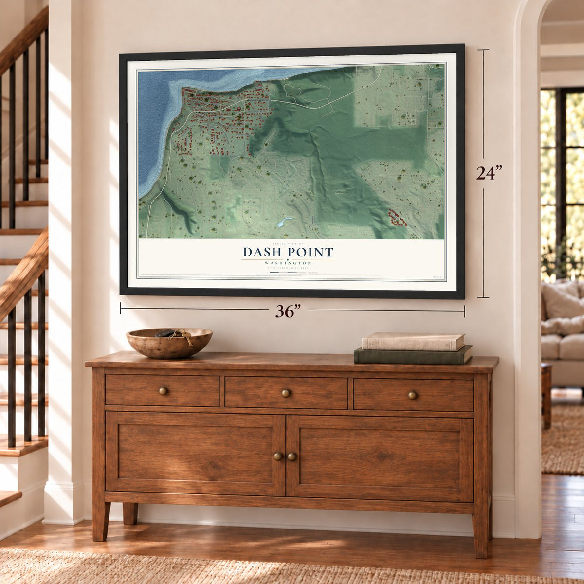 Dash Point, Washington map, 24 x 36 inch print in a black frame above a dresser by a staircase