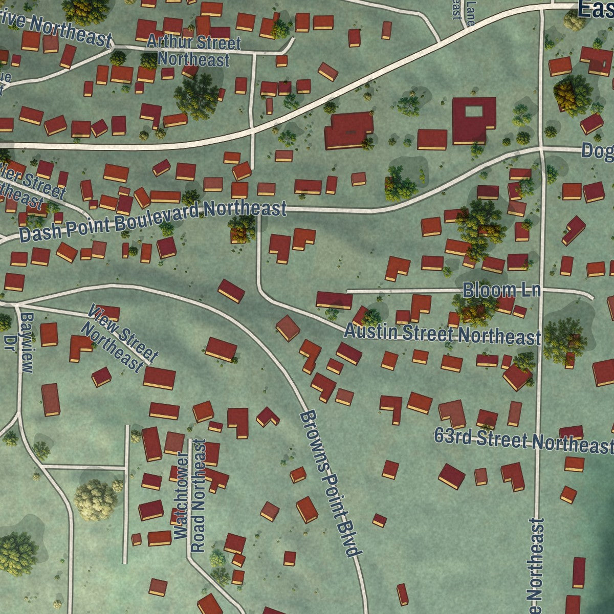 Close-up of the map of Dash Point, Washington print showing street and building detail