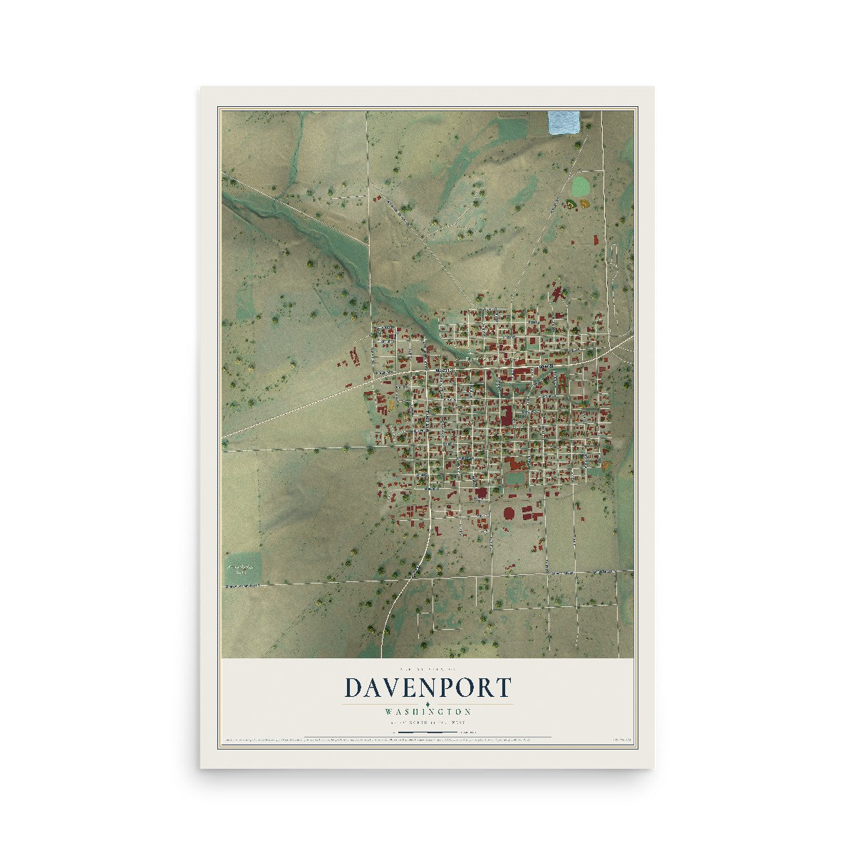 Map of Davenport, Washington, 12 x 18 inch unframed archival matte print