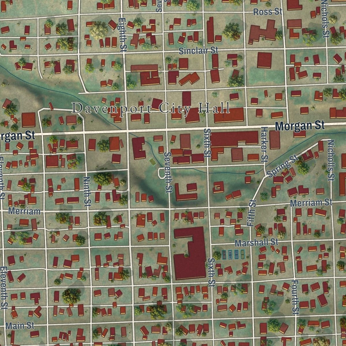 Close-up of the map of Davenport, Washington print showing street and building detail