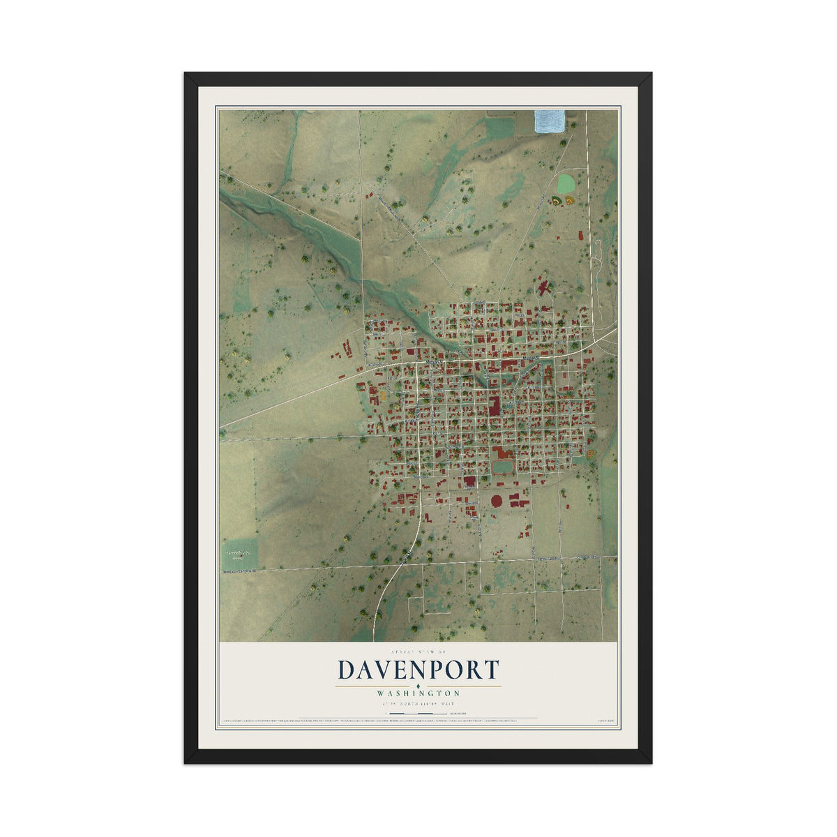 Map of Davenport, Washington, 12 x 18 inch print in a black wood frame
