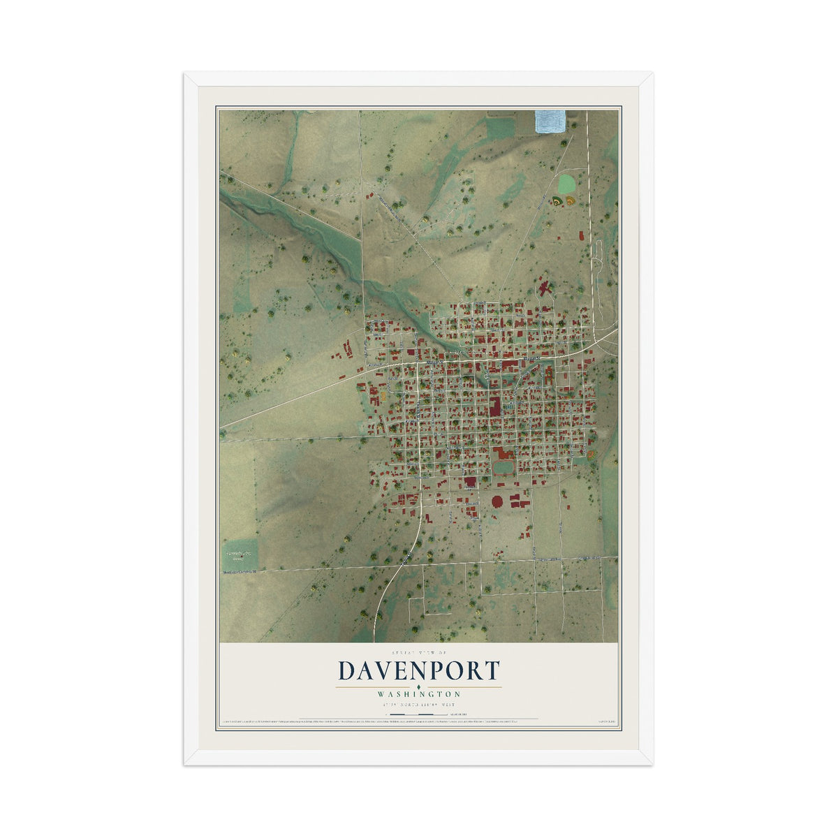 Map of Davenport, Washington, 12 x 18 inch print in a white wood frame