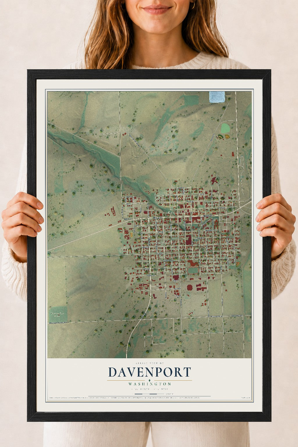 Map of Davenport, Washington, 18 x 24 inch print in a black wood frame