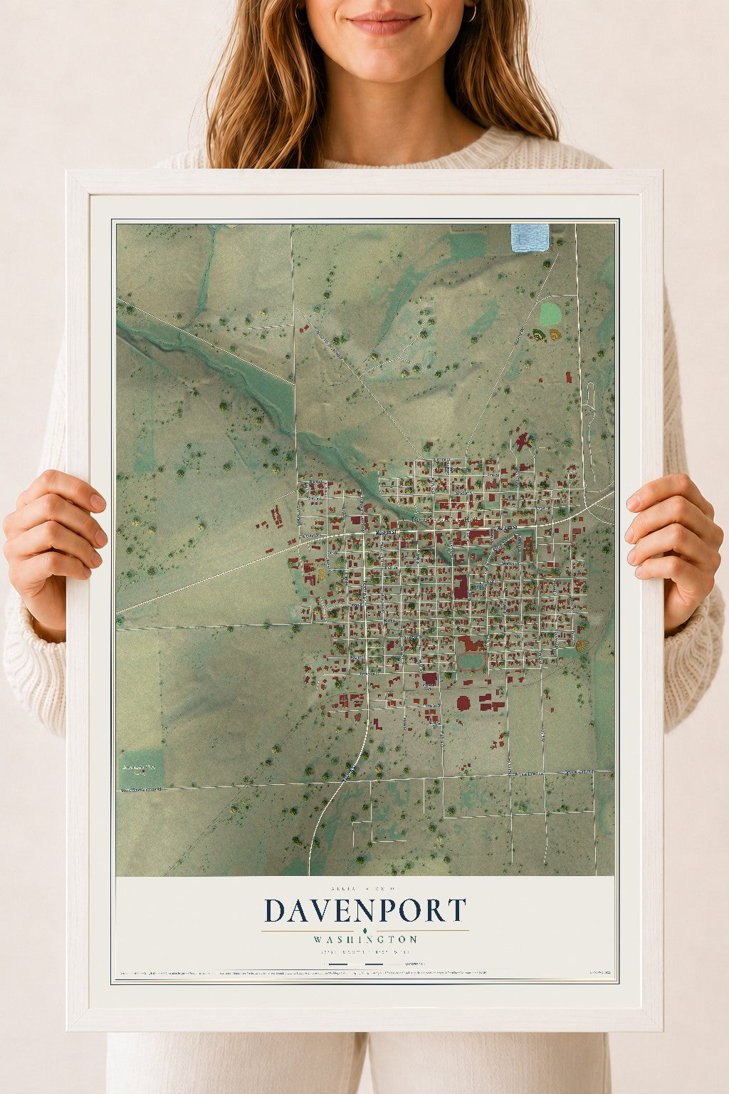 Map of Davenport, Washington, 18 x 24 inch print in a white wood frame