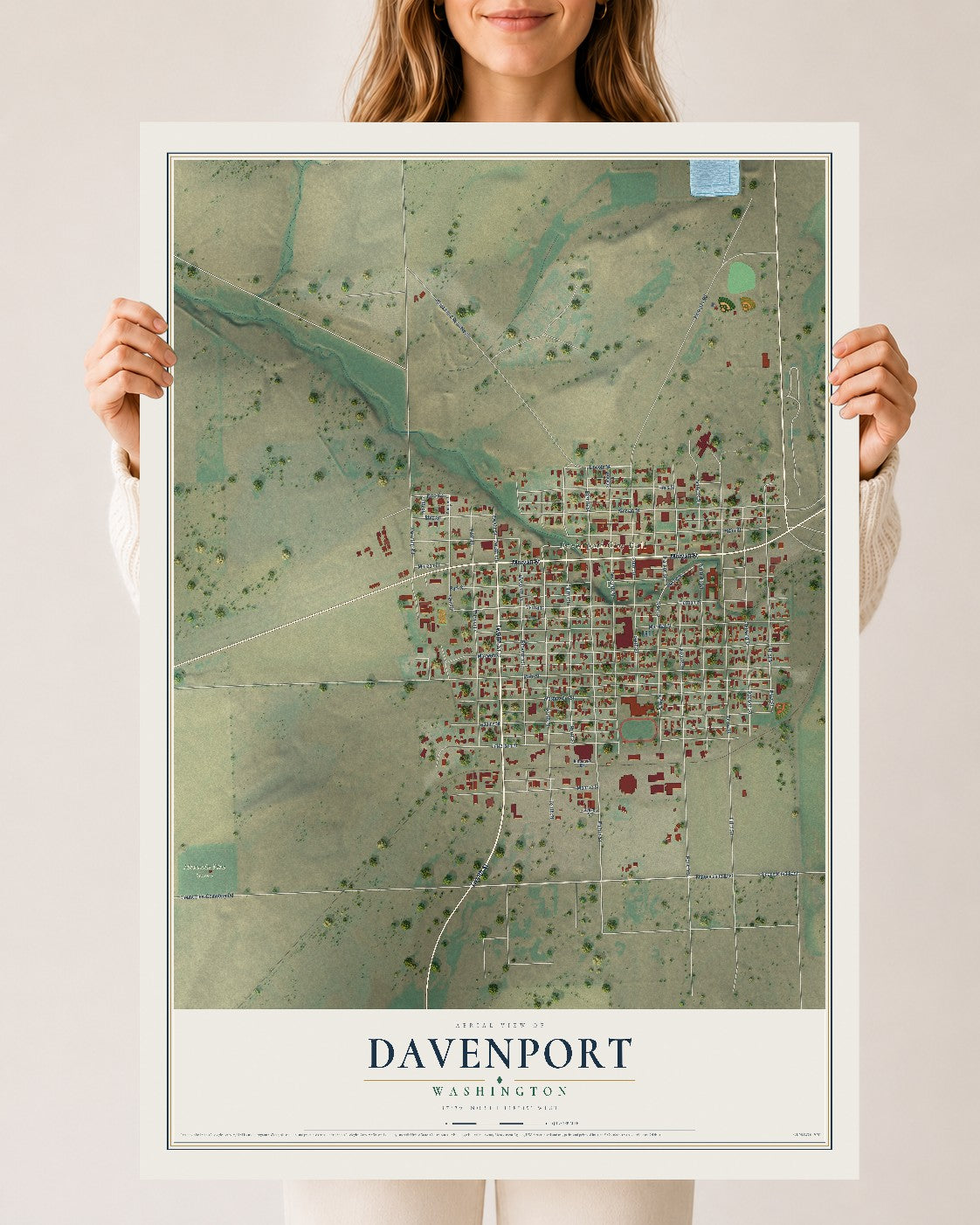 Map of Davenport, Washington, 24 x 36 inch unframed archival matte print