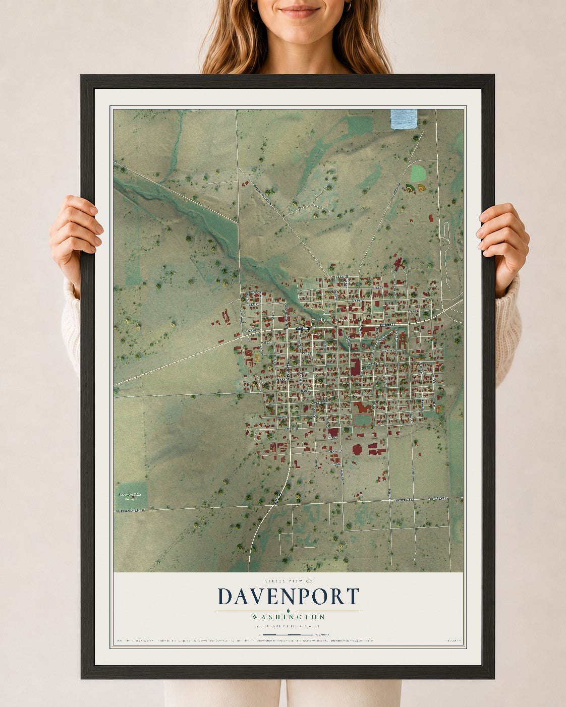 Map of Davenport, Washington, 24 x 36 inch print in a black wood frame