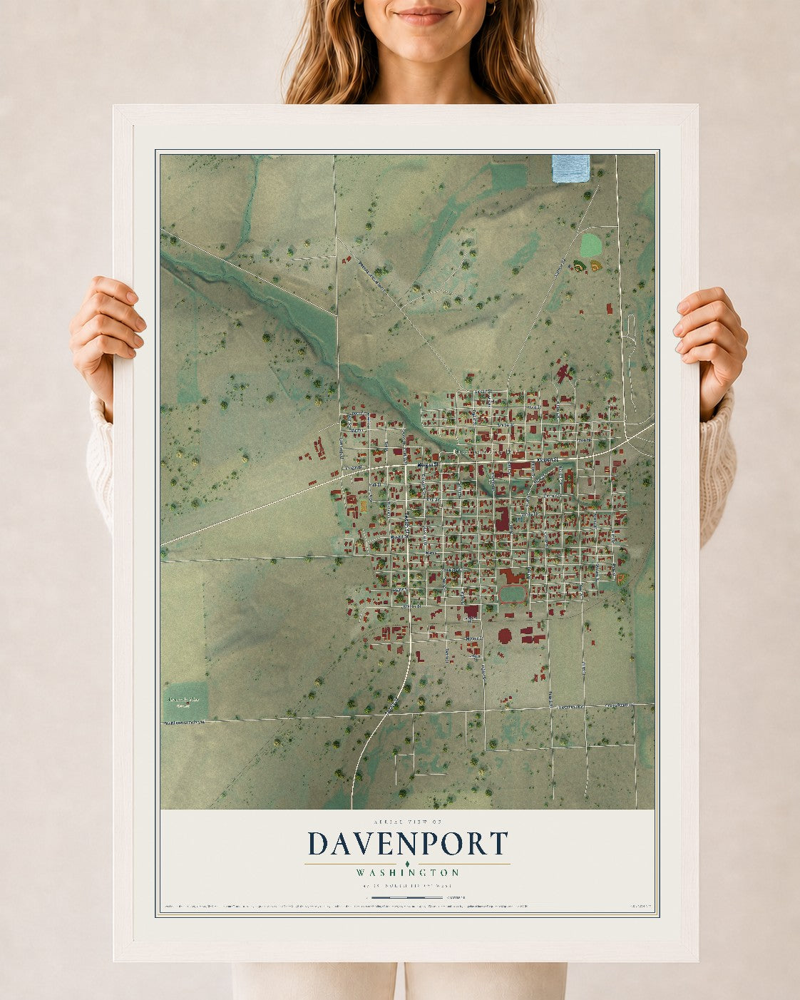 Map of Davenport, Washington, 24 x 36 inch print in a white wood frame