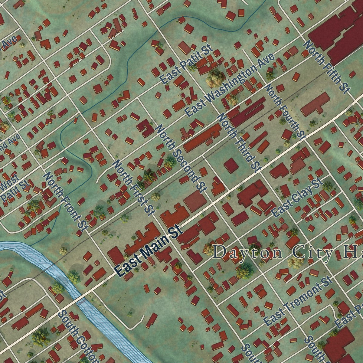 Close-up of the map of Dayton, Washington print showing street and building detail
