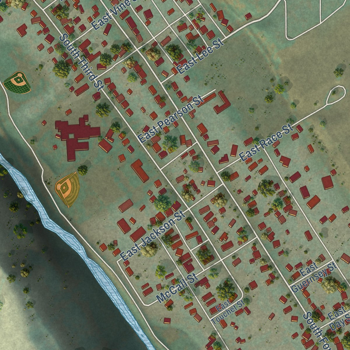 Second close-up of the map of Dayton, Washington print showing more streets and buildings