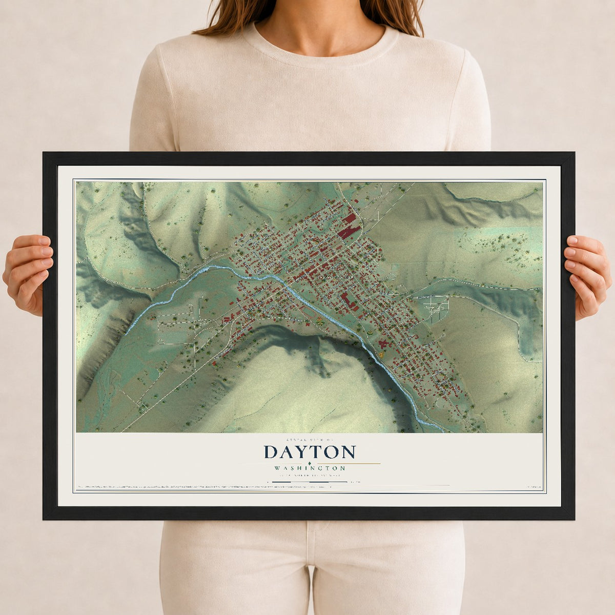 Map of Dayton, Washington, 12 x 18 inch print in a black wood frame