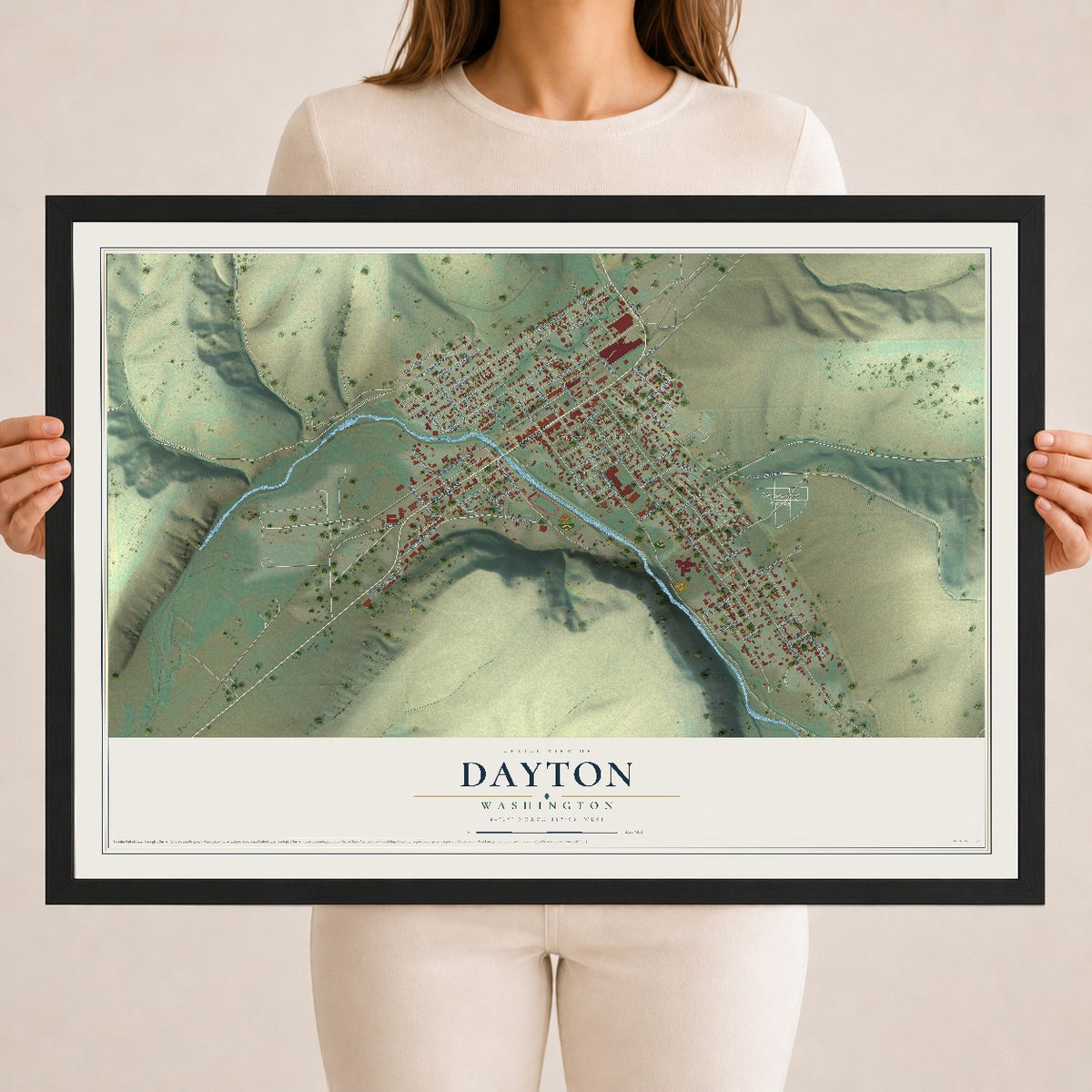 Map of Dayton, Washington, 18 x 24 inch print in a black wood frame