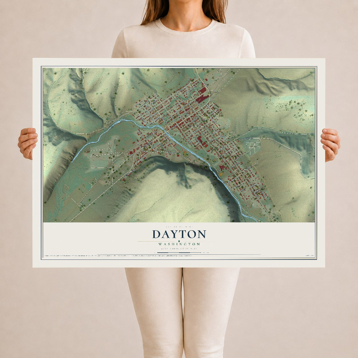 Map of Dayton, Washington, 24 x 36 inch unframed archival matte print