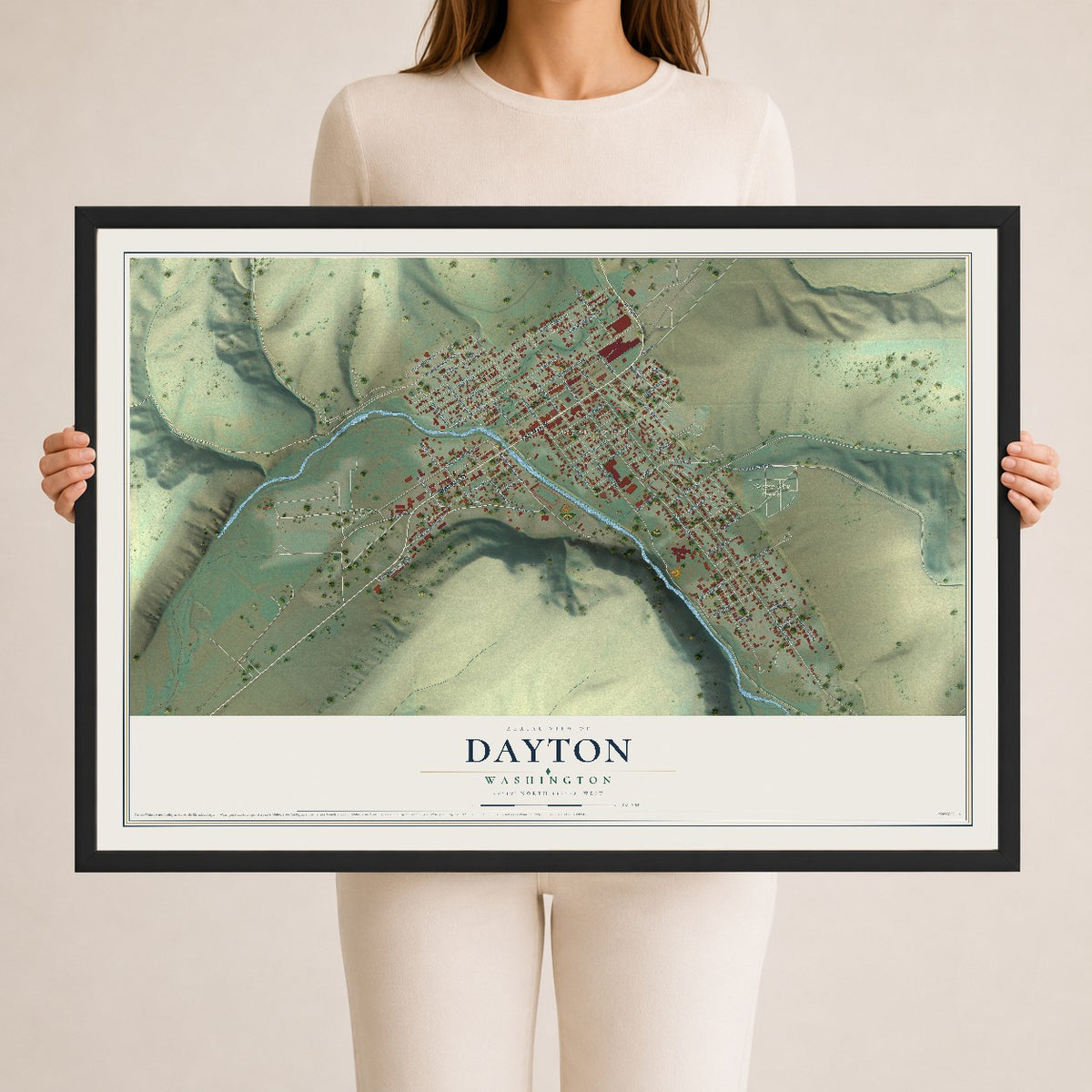 Map of Dayton, Washington, 24 x 36 inch print in a black wood frame