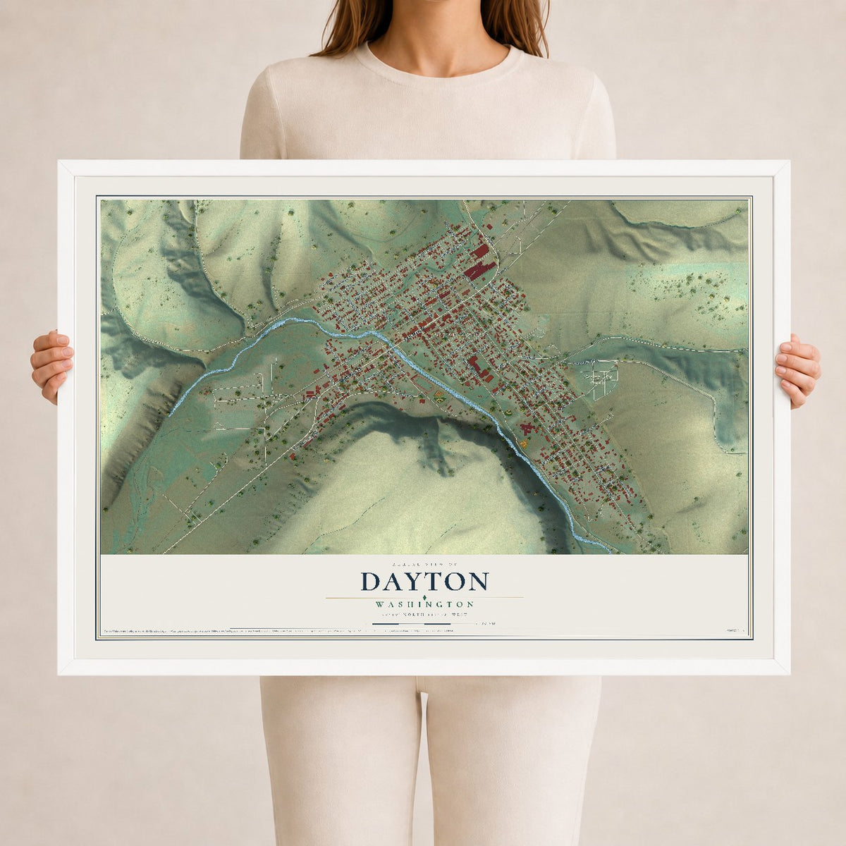 Map of Dayton, Washington, 24 x 36 inch print in a white wood frame