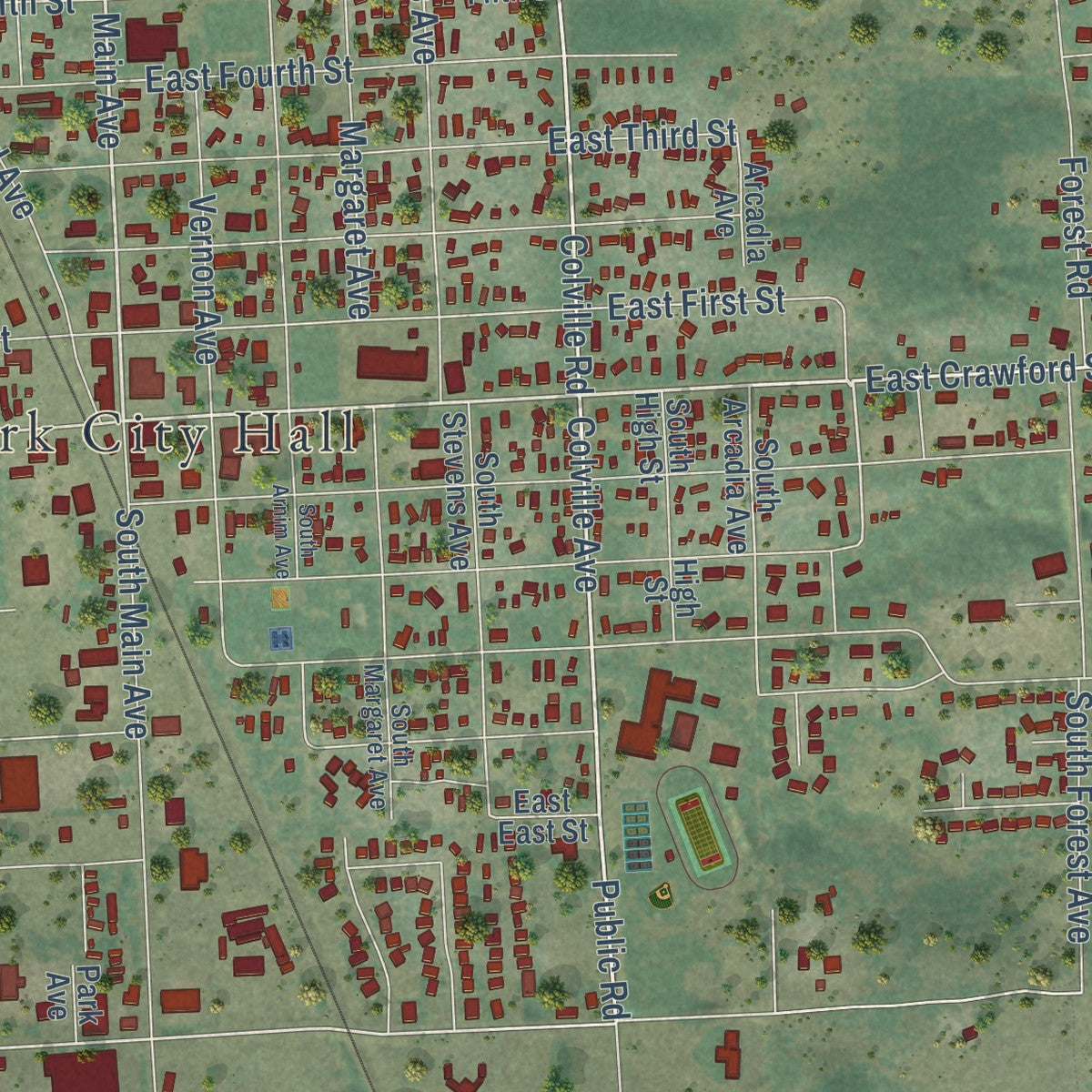 Close-up of the map of Deer Park, Washington print showing street and building detail
