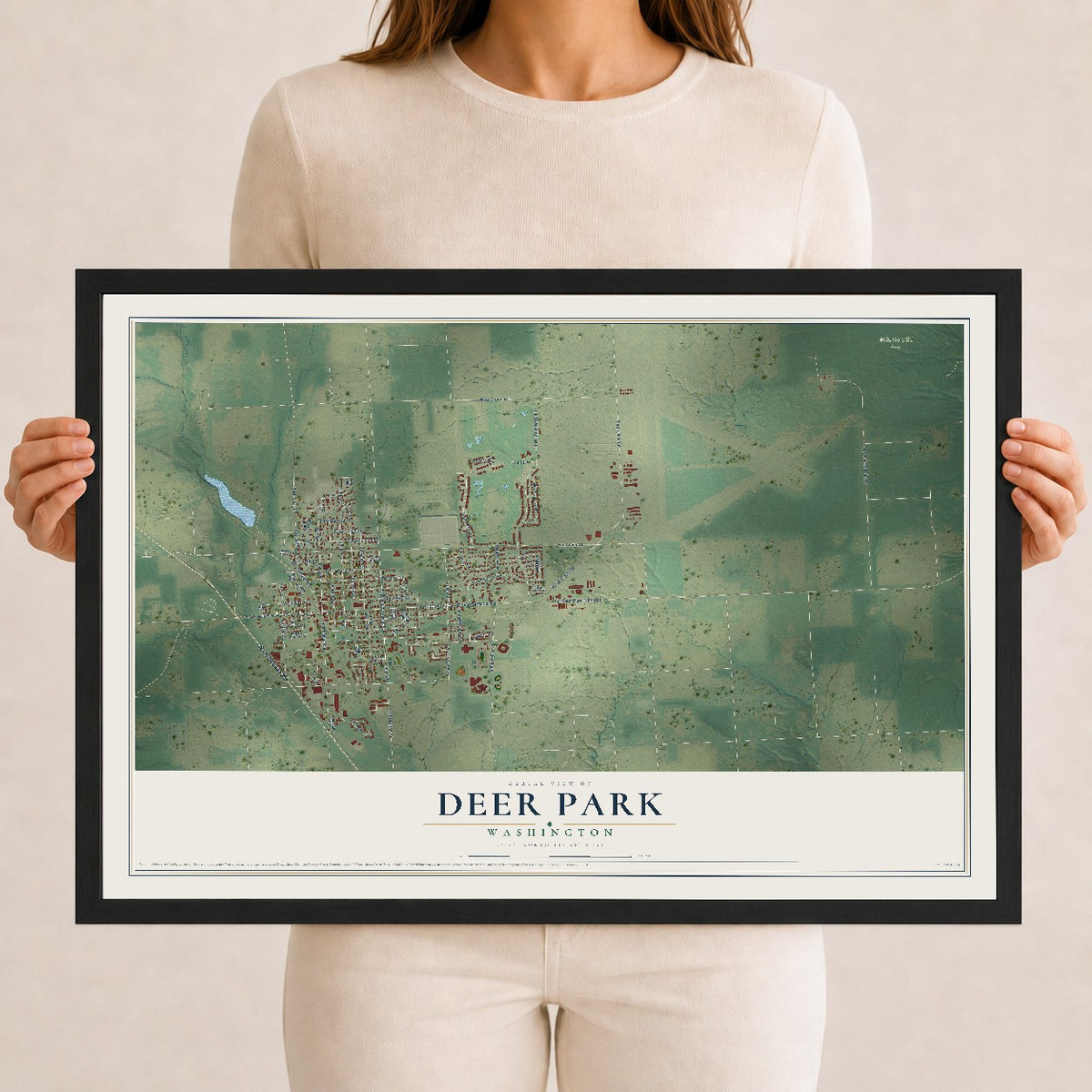 Map of Deer Park, Washington, 12 x 18 inch print in a black wood frame