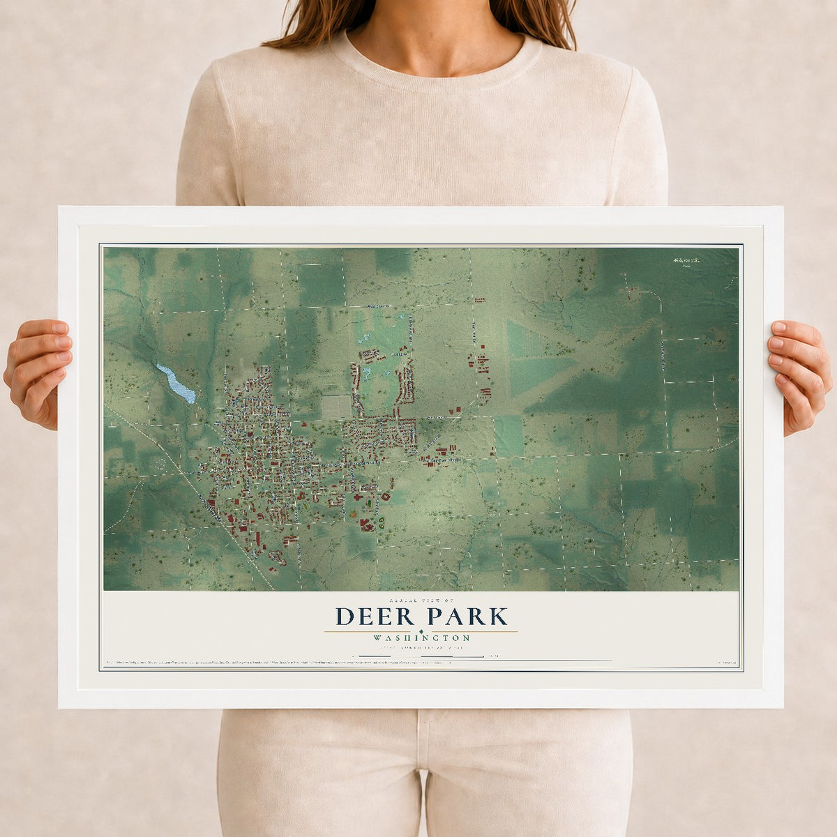 Map of Deer Park, Washington, 12 x 18 inch print in a white wood frame