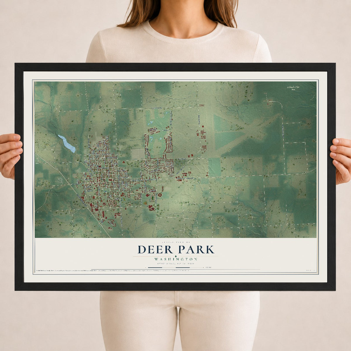 Map of Deer Park, Washington, 18 x 24 inch print in a black wood frame