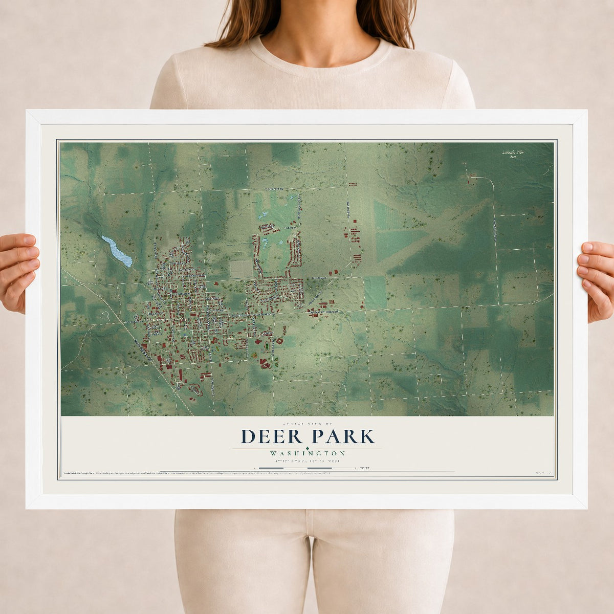 Map of Deer Park, Washington, 18 x 24 inch print in a white wood frame