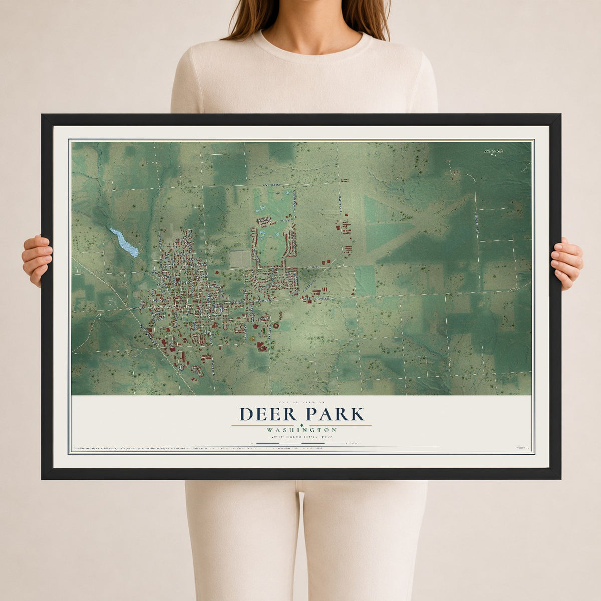Map of Deer Park, Washington, 24 x 36 inch print in a black wood frame