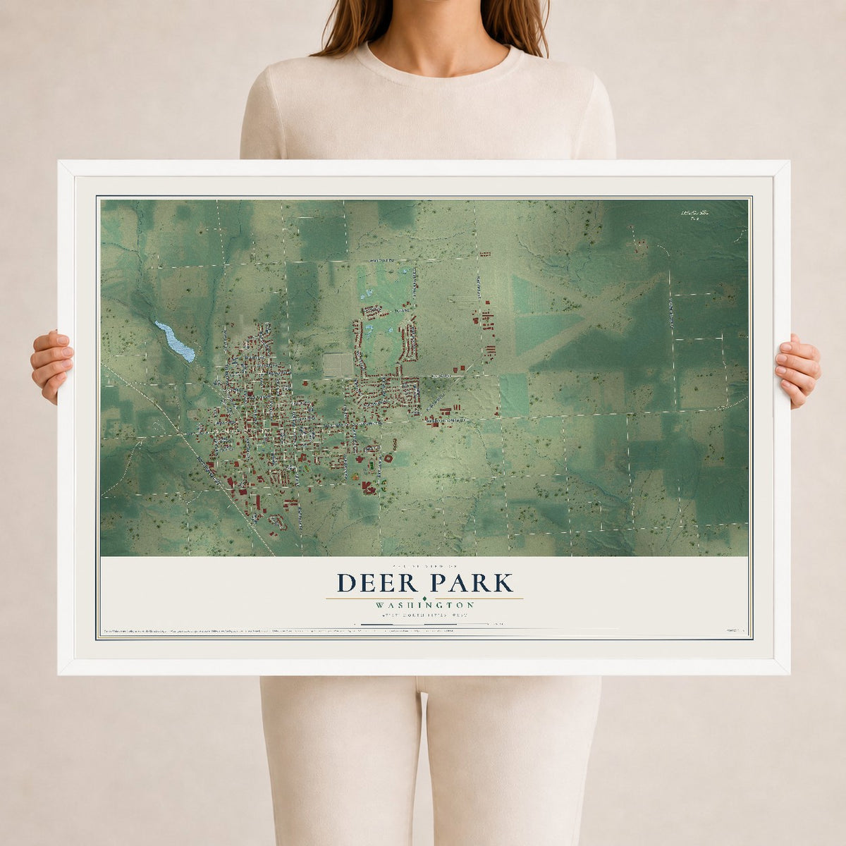 Map of Deer Park, Washington, 24 x 36 inch print in a white wood frame