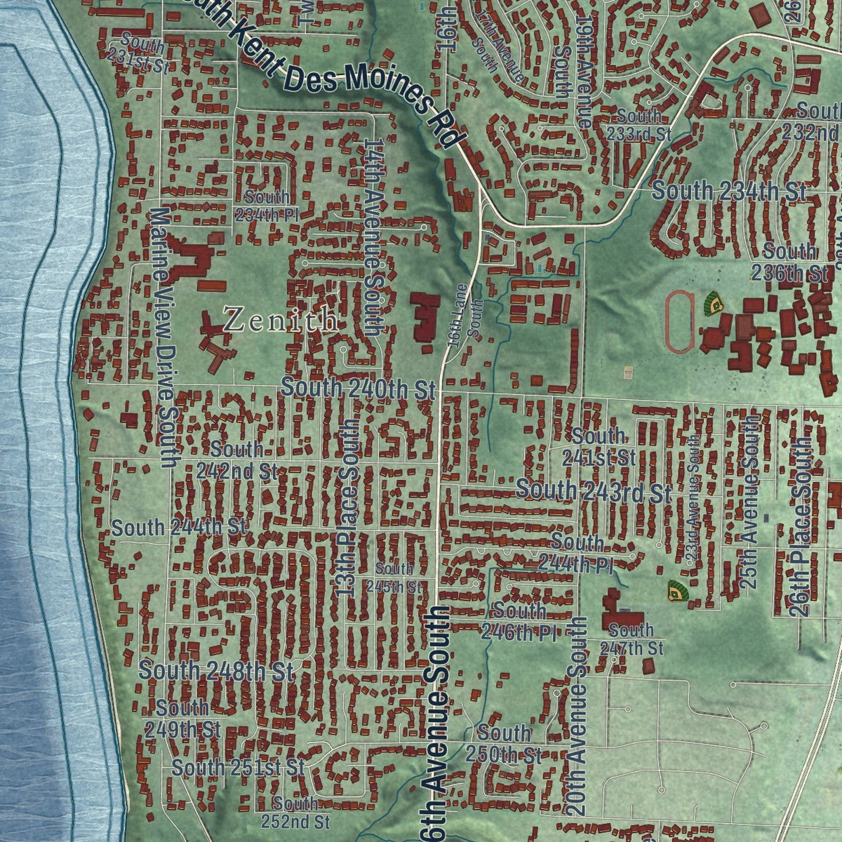 Close-up of the map of Des Moines, Washington print showing street and building detail