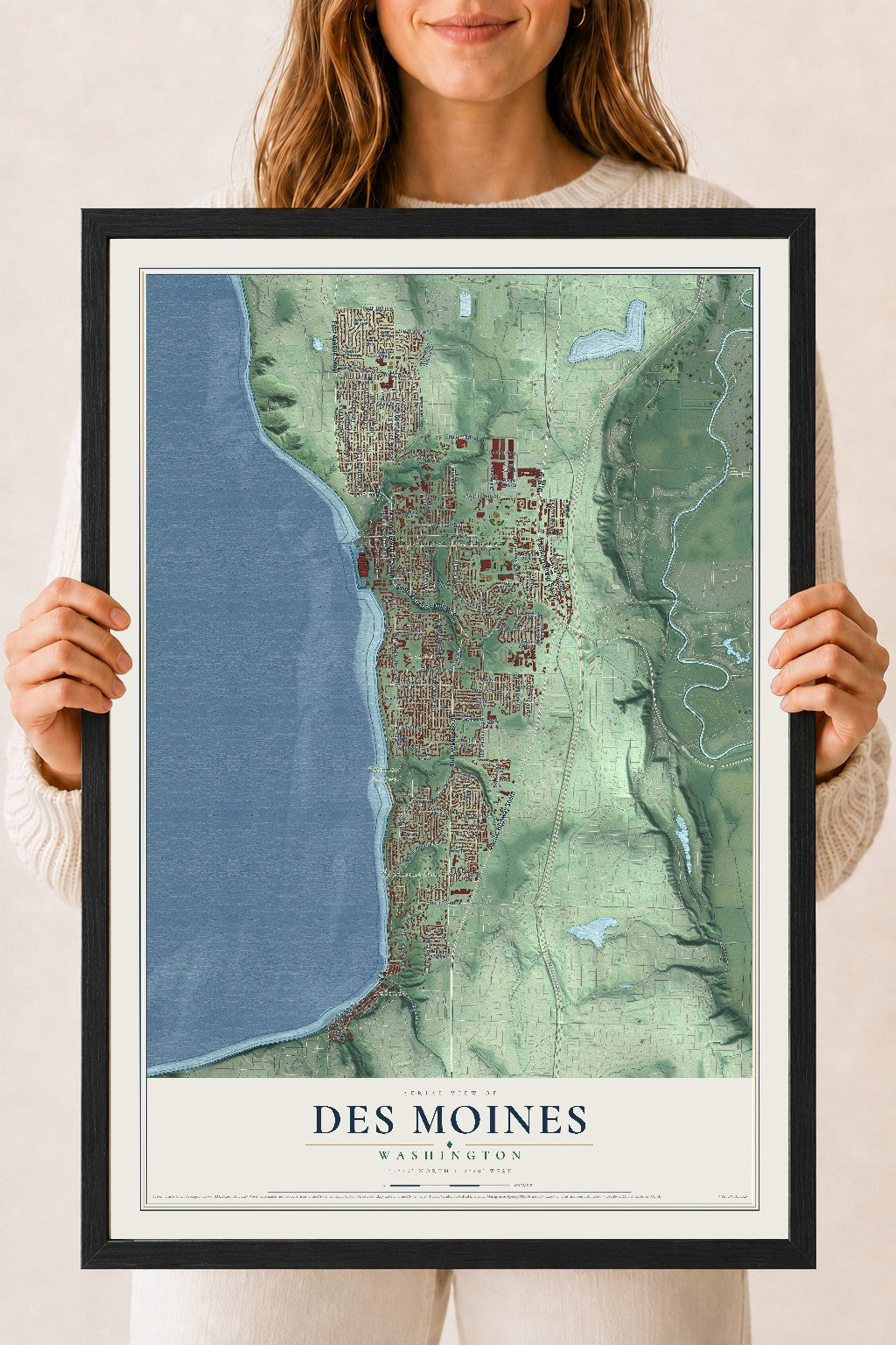 Map of Des Moines, Washington, 18 x 24 inch print in a black wood frame