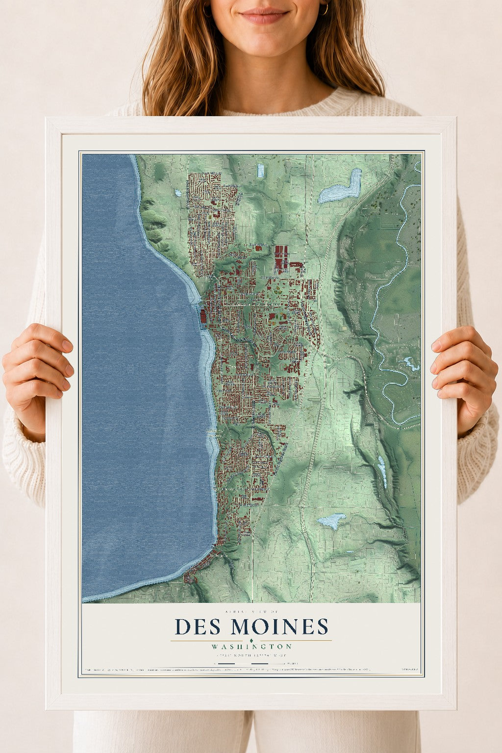 Map of Des Moines, Washington, 18 x 24 inch print in a white wood frame