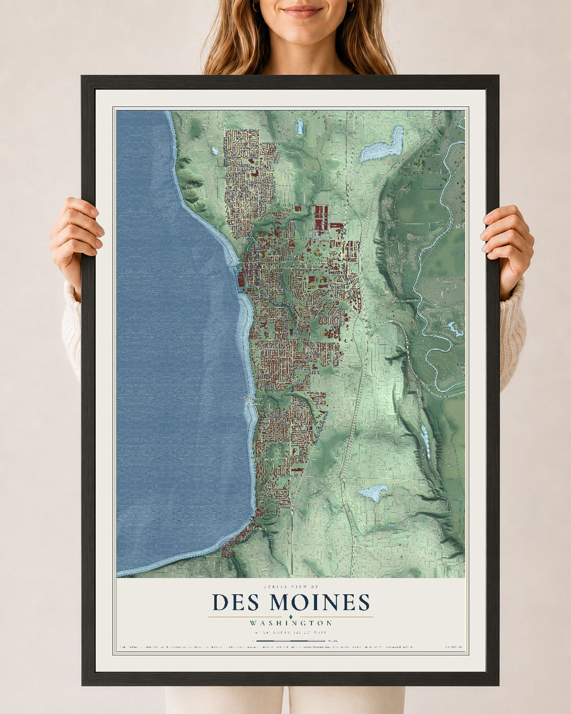 Map of Des Moines, Washington, 24 x 36 inch print in a black wood frame