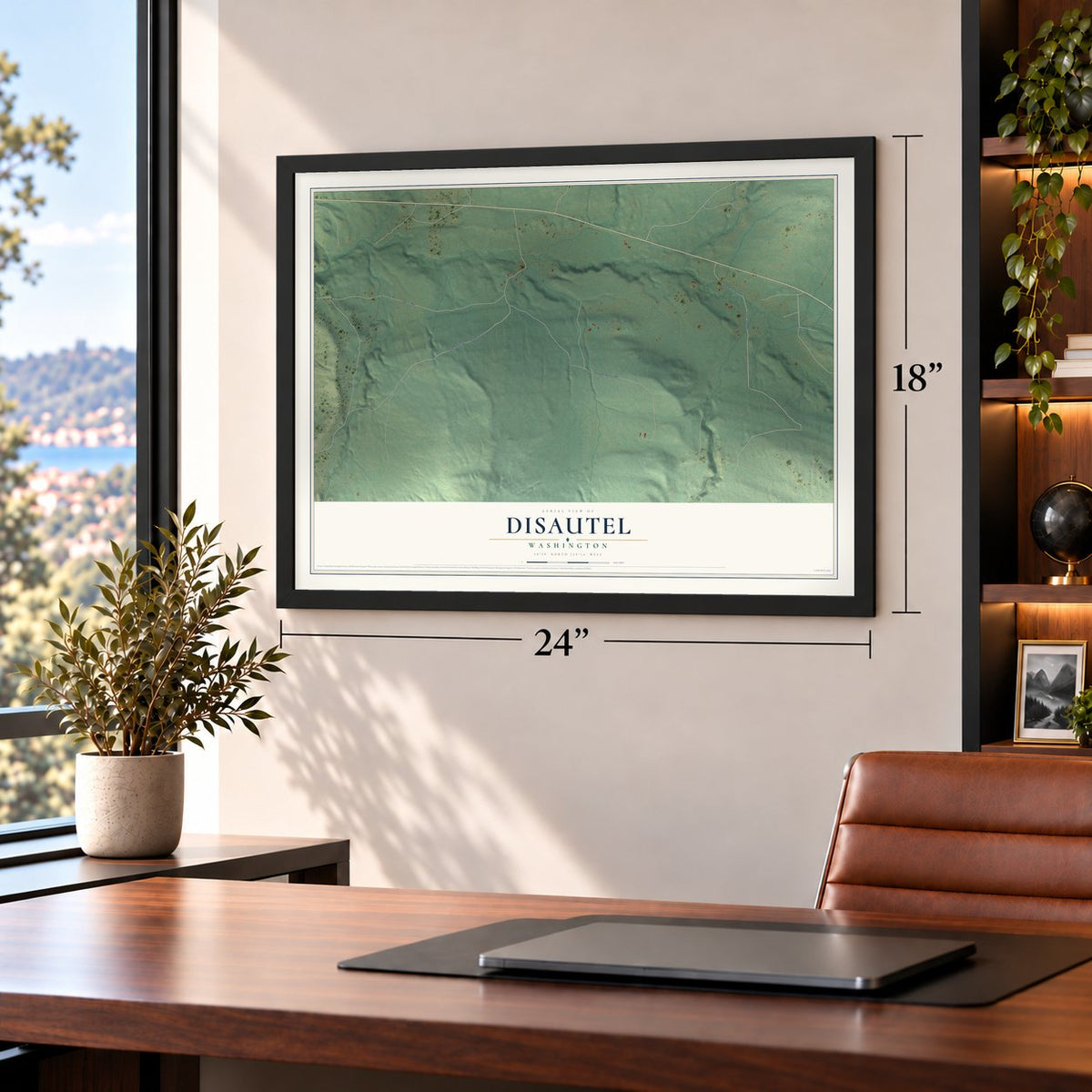 Disautel, Washington map, 18 x 24 inch print in a black frame in a home office