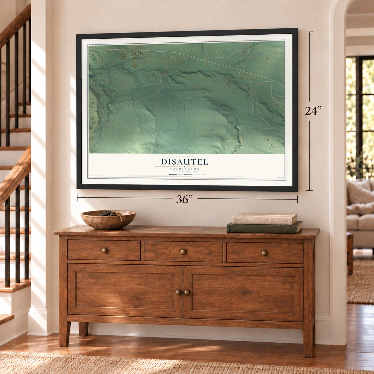 Disautel, Washington map, 24 x 36 inch print in a black frame above a dresser by a staircase